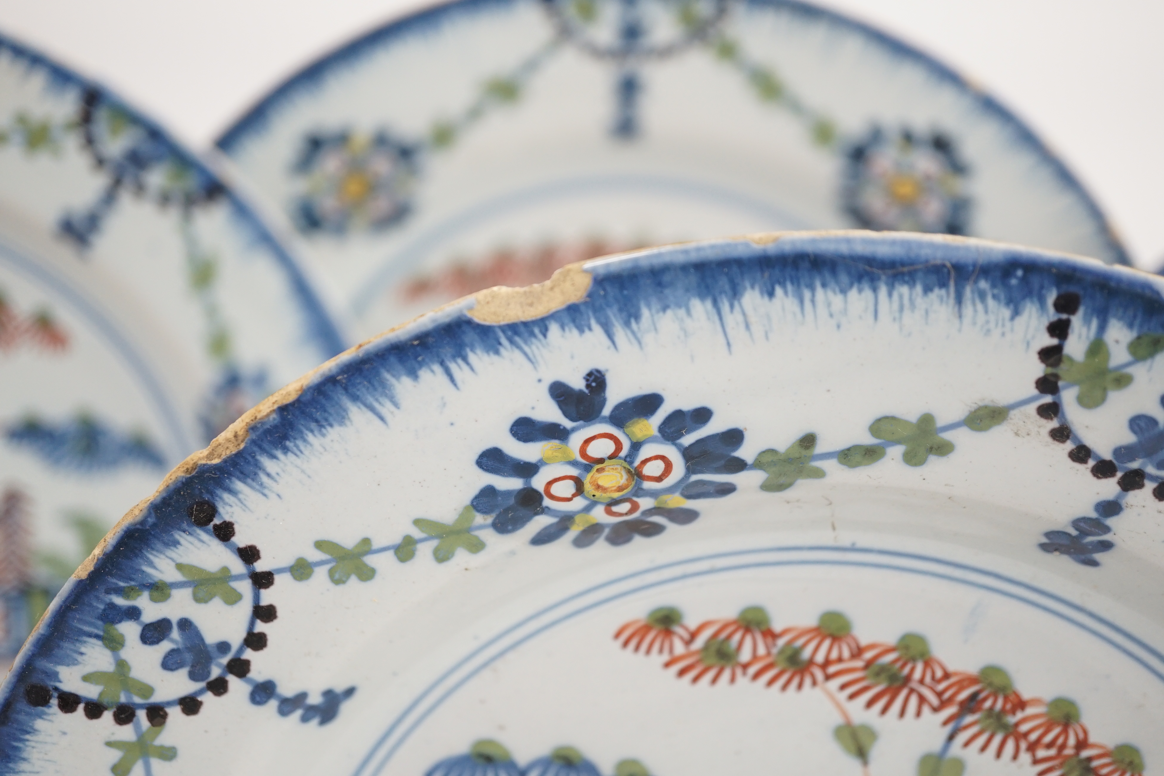 A set of six London delftware polychrome plates, late 18th century